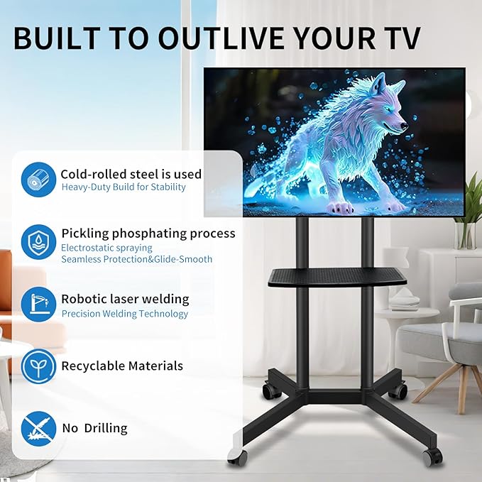 Solid Grace Rolling TV Stand with Wheels for 32-75 Inch TVs up to 88lbs, Portable TV Stand with Shelf, Mobile TV Cart for Living Room, Office, Meeting Room, Outdoor