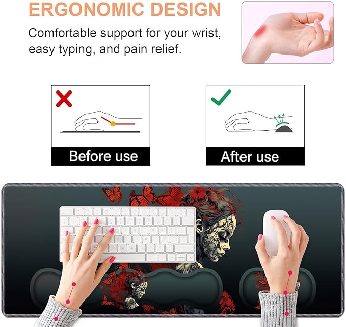 Ergonomic Keyboard Wrist Rest & Mouse Pad Wrist Rest Set, Large Gaming Desk Mat 31.5"x 11.8" with Non-Slip Base, Memory Foam, Easy Typing Pain Relief for Home & Office, Tattooed Girl and Red Butterfly