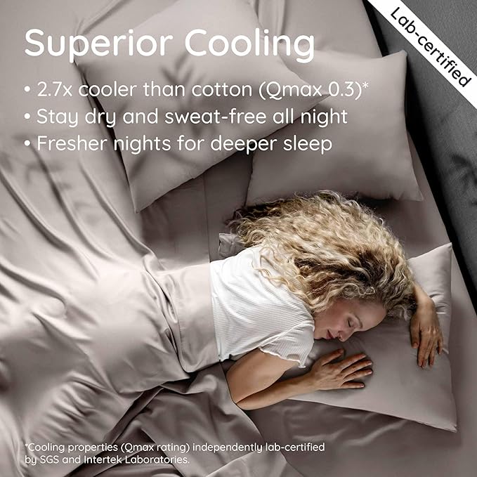 Bambaw 100% Viscose Derived from Bamboo Sheets Queen Size Set – 6pcs Cooling Queen Sheet Set, Deep Pocket Fits Up to 16'' with Elastic Corner Straps, Soft Sheets (Sand)