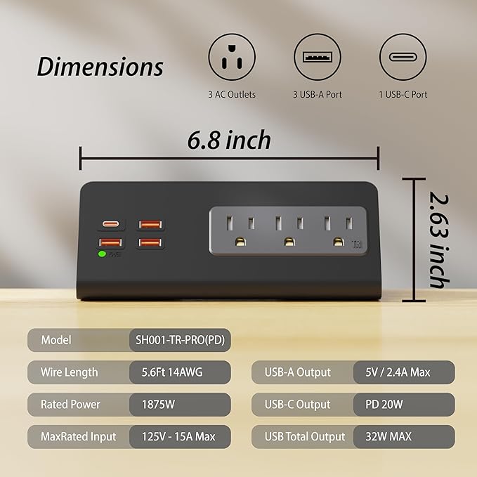 Upgraded Version Edge Mount Power Strip with USB-C Ports Tabletop Surge Protector Desk Clamp Power Sockets with 3 AC Outlets &4 Fast Charging USB Ports for Home Office Hotel Dormitory (Black - 2pack)