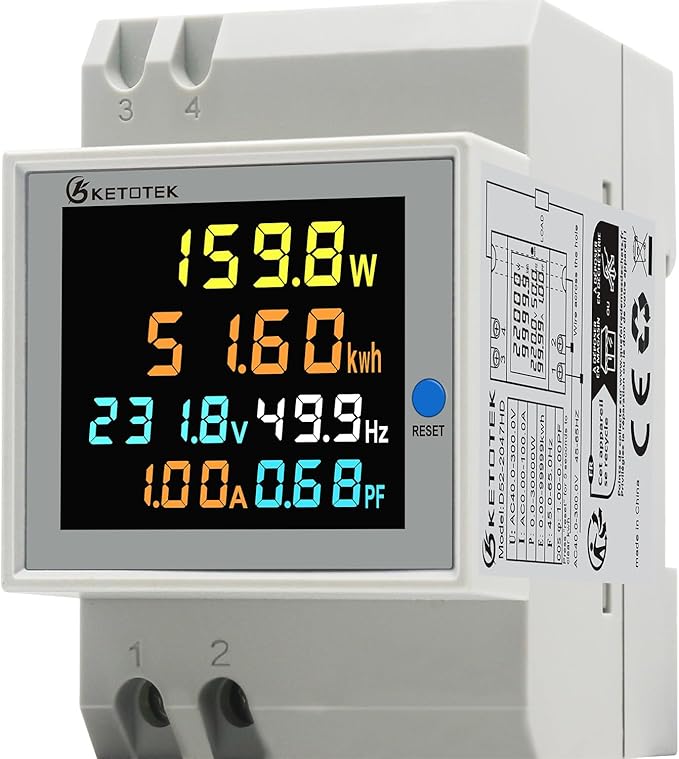 KETOTEK Single Phase Energy Meter Din Rail Electricity Usage Monitor AC 40-300V 100A Voltmeter Ammeter Watt Kwh Frequency Power Meter Built-in CT 110V