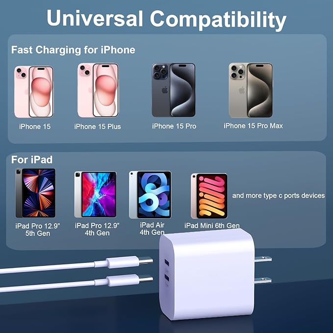 Phone 17 16 15 Pro Max Charger Cable, 20W Dual Port USB C Fast Charger Block with 10FT Long USB C to C Fast Charging Cord Cable for Phone 17 16 15 Pro Max/16 15 Pro/16 15/16 15 Plus,Pad Pro 12.9"/11"