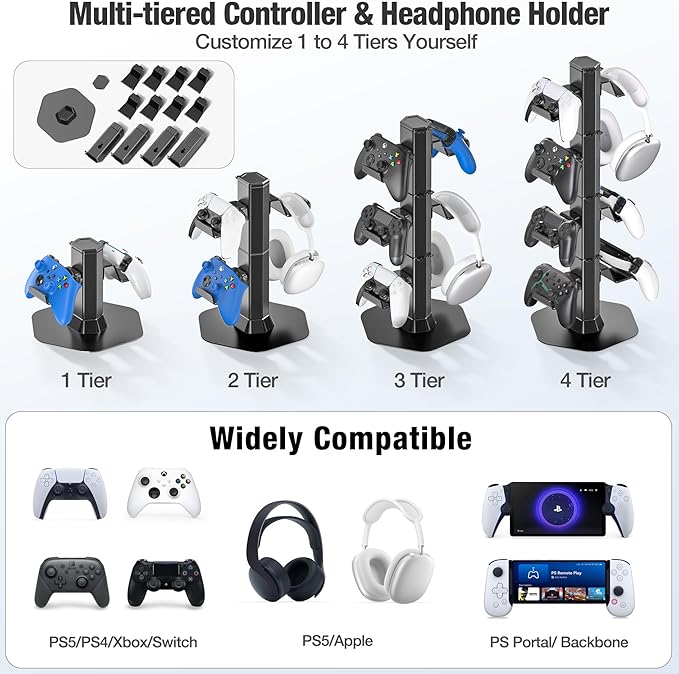 Controller & Headset Holder Stand for Desk, with Charger Cable Organizer Headphone Stand for PS5/ Xbox/ PS4/ Switch, Metal Base Controller Hanger Hook for Storage Earphones, Game Console, Mobile Phone
