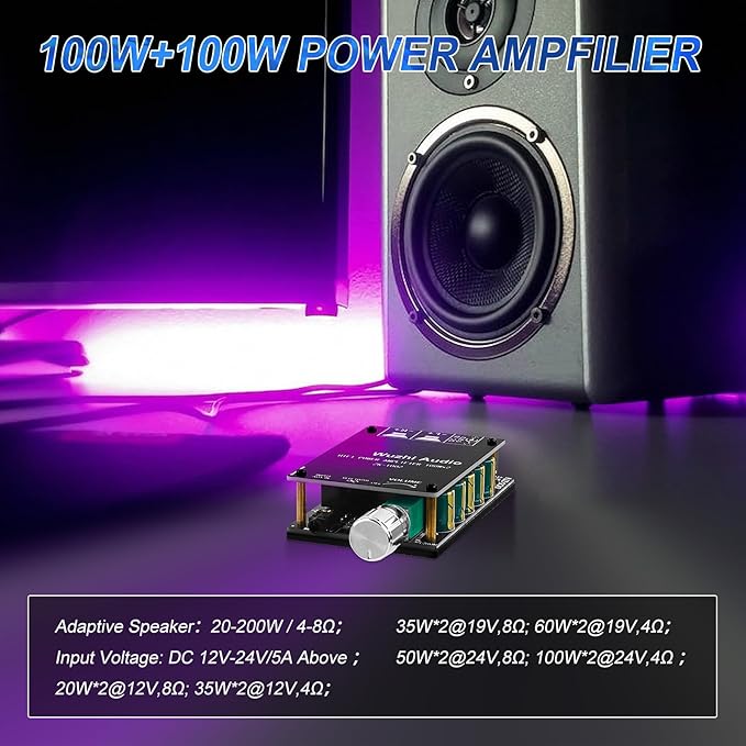 ZK-1002 Bluetooth 5.0 Audio Amplifier Board, 100W x 2 2.0 Channel Mini HiFi Power Amplifier Receiver with Volume Control, BT and AUX Inputs, DC 5-27V Stereo AMP Module for Home DIY Speakers