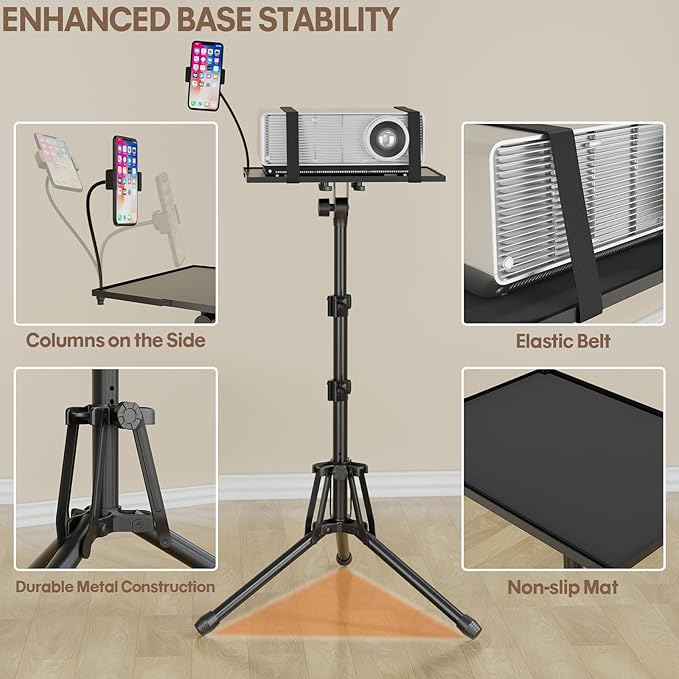 KOOV Projector Stand Adjustable Height 20" to 61", Foldable Projector Tripod Stand with Mouse Tray & Phone Holder, Portable Laptop Floor Stand for Office Home Stage Studio DJ Racks Podium Stand