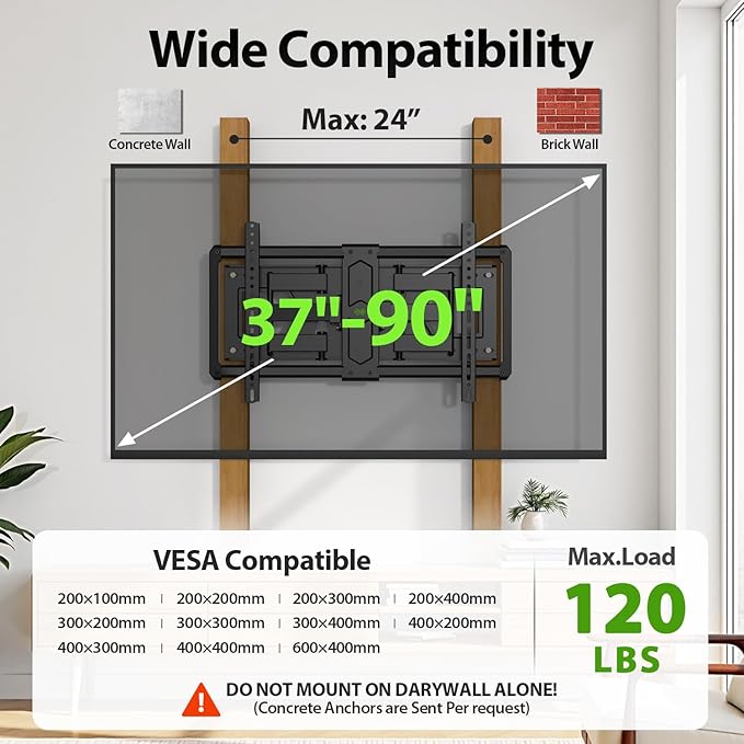 USX Mount Ultra Slim TV Wall Mount for 37-90 inch TVs, Low Profile Full Motion TV Mount with Swivel Articulating Dual Arms, Wall Bracket for Max VESA 600x400mm Holds 120lbs, Fits 16"/18"/24" Studs