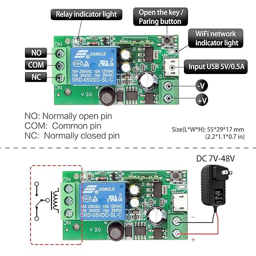 DieseRC 1 Channel WiFi Smart Switch, DC 5V 12V 24V 36V Passive Output Relay Module Ewelink APP WiFi Control Compatible with Alexa/Google Home, Inching/Self-Locking Switch