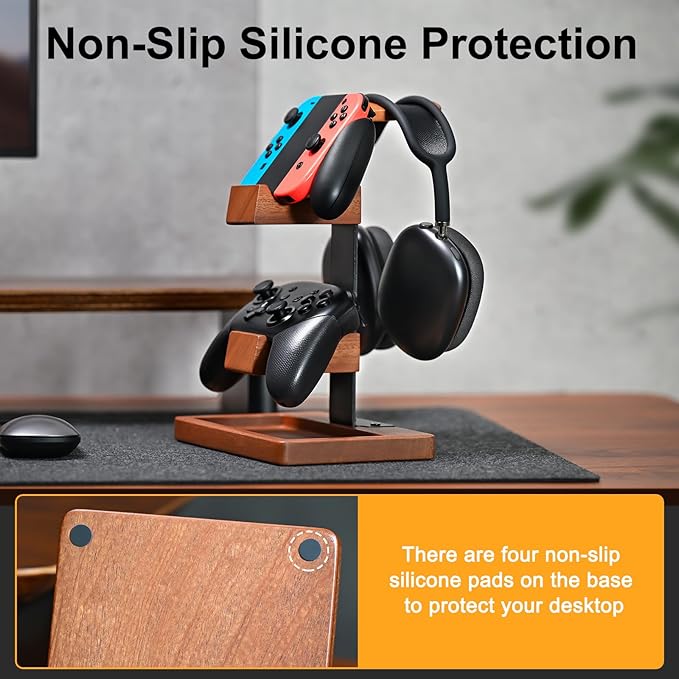 HUMANCOZY Solid Wood Controller Holder and Headphone Stand, Gaming Controller Stand for Desk, Dual Controller Organizer Rack, Fits Xbox, PS4, PS5, Gamepad, Headset Holder for Son, Husband, Boyfriend