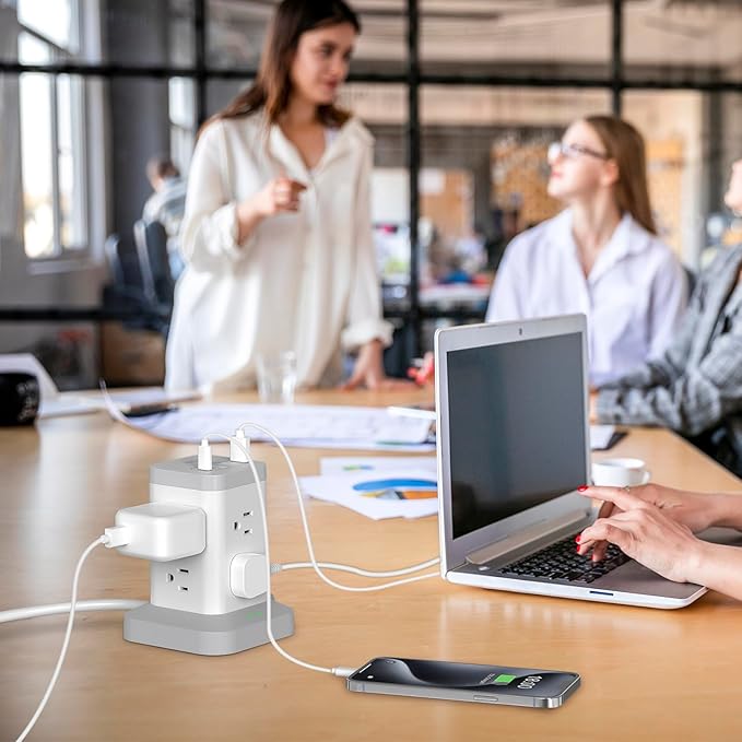 BEVA Surge Protector Tower with 8 AC & 4 USB(USB-C) Ports, 6.5 FT Extension Cord - Charging Station for Office & Dorm Room