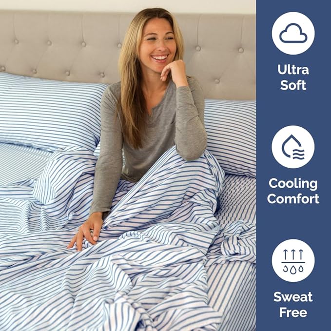 Split Head King Sheet Set – 4 Piece Flex Split Top King Sheets for Adjustable Beds - Fits 14” to 16" Mattress w/ Deep Pockets - Breathable & Cooling - Luxury Bedding and Wrinkle Free - Blue Stripes 3