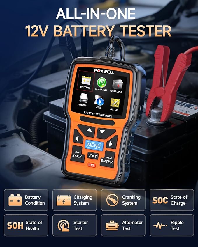 Car Battery Tester 12V FOXWELL BT301, Battery Load Tester 100-2000CCA Automotive Battery Tester Digital Alternator Tester Cranking Charging Checker for Car Marine Truck SUV ATV, Upgraded of BT100