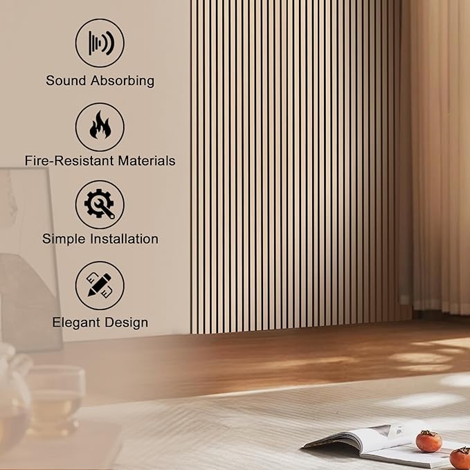 QDYMXUN Wood Slat Acoustic Wall Panels, 4-Pack 94.5'' x 7.9'' 3D Fluted Sound Absorbing Paneling for Interior Accent Wall Decor, Living Room (Natural Oak)