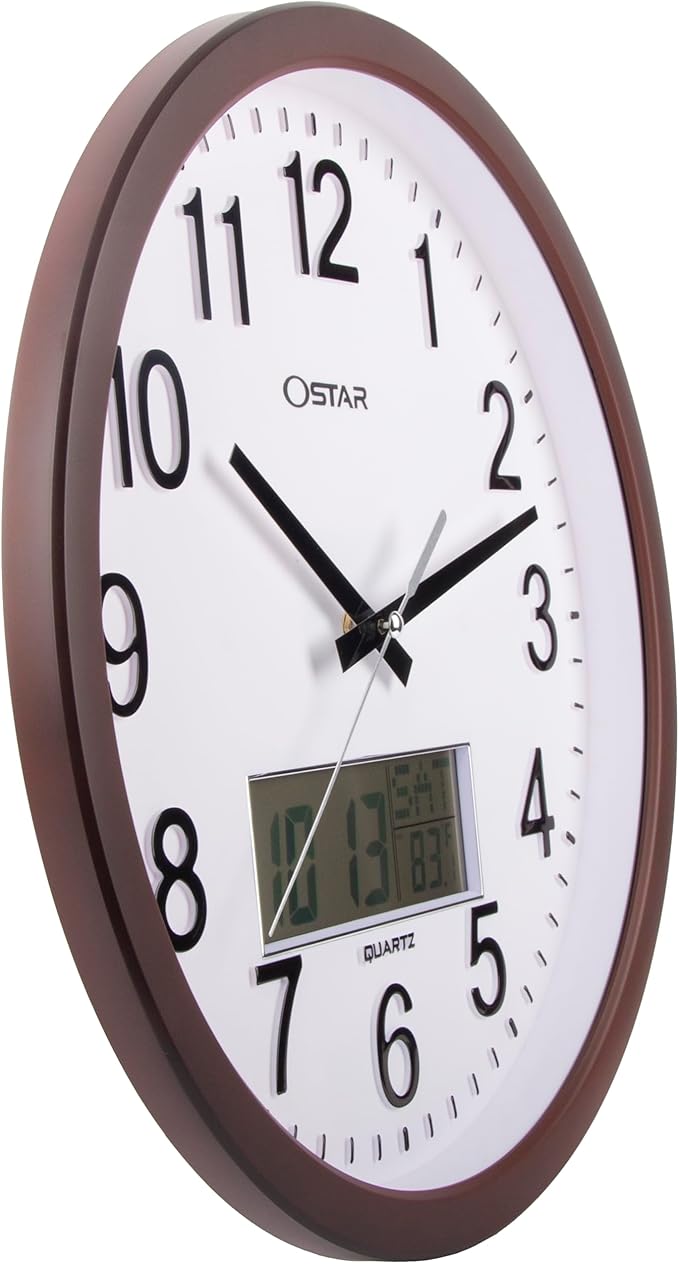 OSTAR 14" Large Analog Digital Display Wall Clock Silent Non-Ticking, Day of The Week Temperature Battery Operated Clock for Living Room Bedroom Kitchen