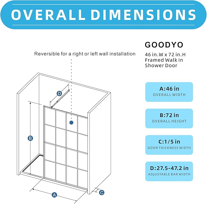 Goodyo 46" X 72" Shower Door Clear Tempered Glass Framed Shower Screen Walk-in Black Finish