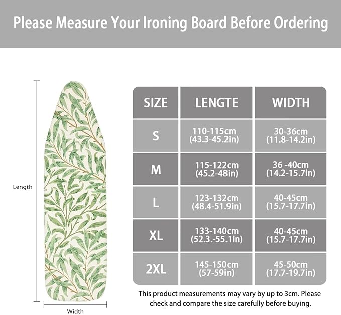 ZCFYGDX Ironing Board Cover Decor 15x48 Inch, Iron Board Cover with Nose Pocket, Nylon Buckle Fastening Stain Resistant Scorch Resistant,Protection Covers with Elastic Edge Fresh Green Leaf Print