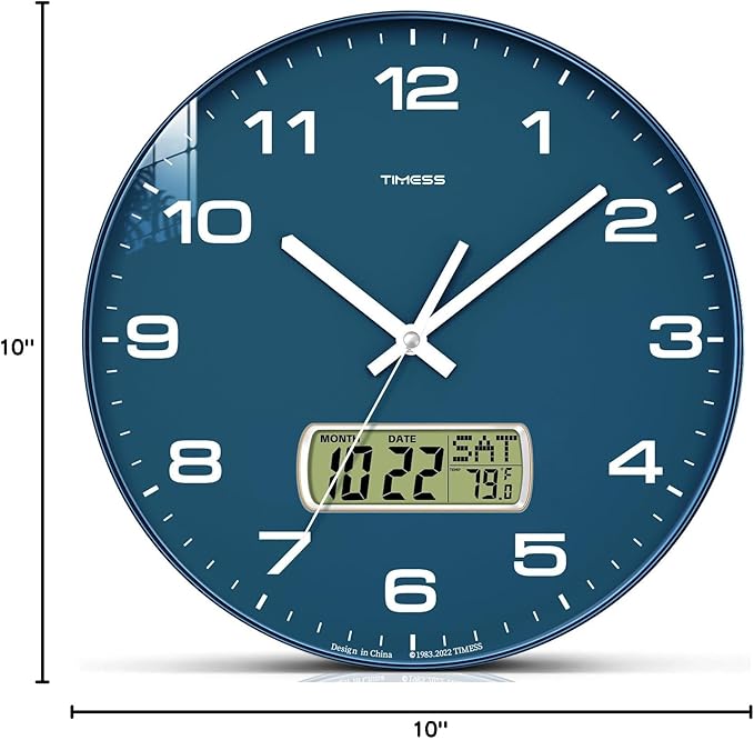 TIMESS Wall Clock, 10" Dial Non-Ticking Silent Battery Operated Analog with LCD Display for Perpetual Calendar and F° Temperature, Ideal Modern Home, Bedroom, Kitchen, Office Decor (Blue)