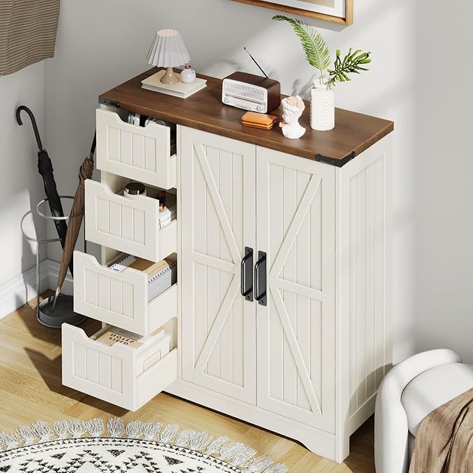 Vabches Farmhouse Bathroom Cabinet, Freestanding Storage Cabinet with 4 Drawers and 2 Doors, Rustic Storage Organizer with Adjustable Shelf for Bathroom, Living Room, Entryway, White