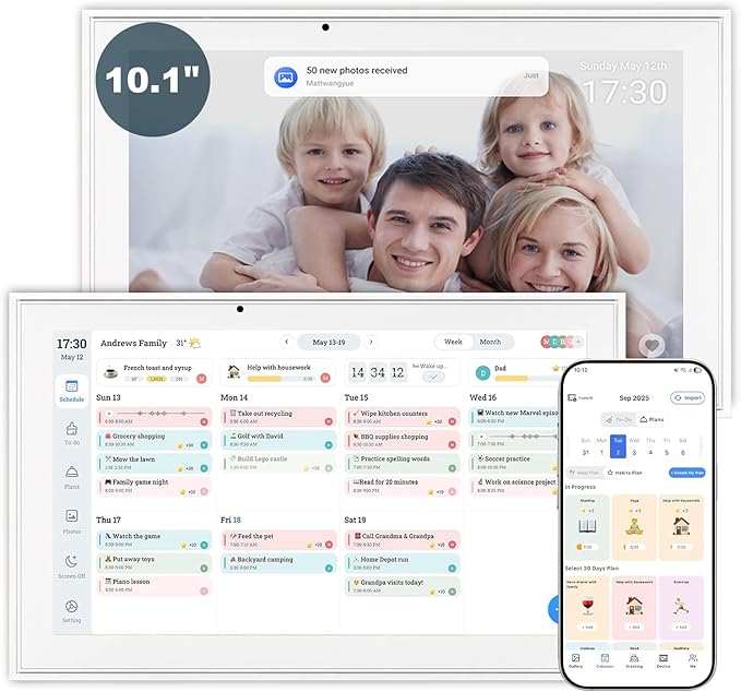 Digital Calendar, 10.1 Inch Wall Planner Electronic Calendar&Chore Chart,1080P Full HD Interactive Touchscreen Smart Touchscreen Interactive Display for Family Schedules – Wall Mount Included, Great for Organizing Your 2026 White