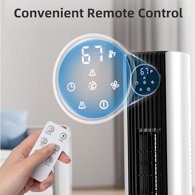 Antarctic Star Tower Fan Portable Floor Fans 85°Oscillating Fan Quiet Cooling 12H Timer Remote Control Standing Bladeless Electric 3 Wind Speeds 4 Modes Bedroom Office,36 inch, Black+White