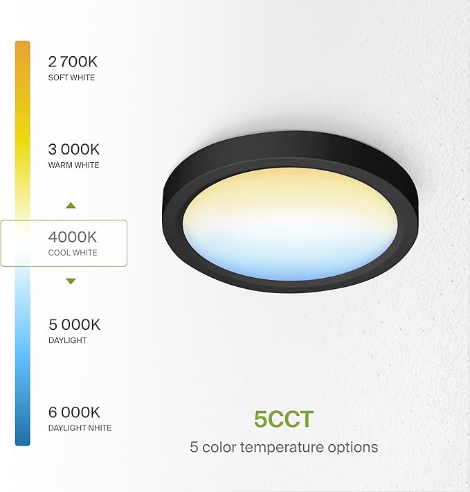 ASD LED 5" Round Flush Mount Ceiling Light Fixture, Low Profile Surface Lighting | 5CCT, Dimmable, Ultra-Thin, ETL Listed | 10W 700LM 2700-6000K 120V | Kitchen, Bedroom, Hallway Lamp | Black