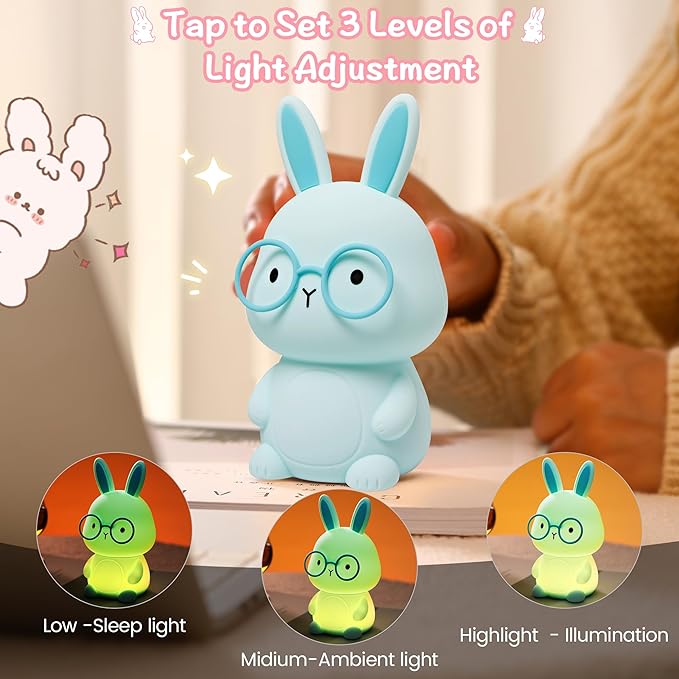 FAMIDUO Bunny Night Light, Rabbit Lamp for Kids, Rechargeable LED Nightlight for Easter Gift,Silicone Bedside Lamp with Touch Color Changing,3 Levels Dimmable/Timmer Nursery Bedroom Light,Room Decor