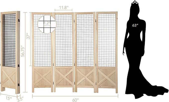 Wnutrees 4 Panel Gridwall Display, Portable Freestanding Display Board for Craft/Art Shows, Retail, Events, Decorative Wood Room Divider Folding Screens, Natural
