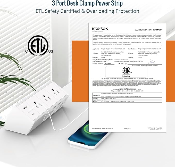 Tecmojo Desk Clamp Power Strip 3 Outlet with 1 USB A and 2 USB C Ports, 6 ft Cord, Desk Outlet Station Fit 1.6" Tabletop Edge,ETL Listed,White