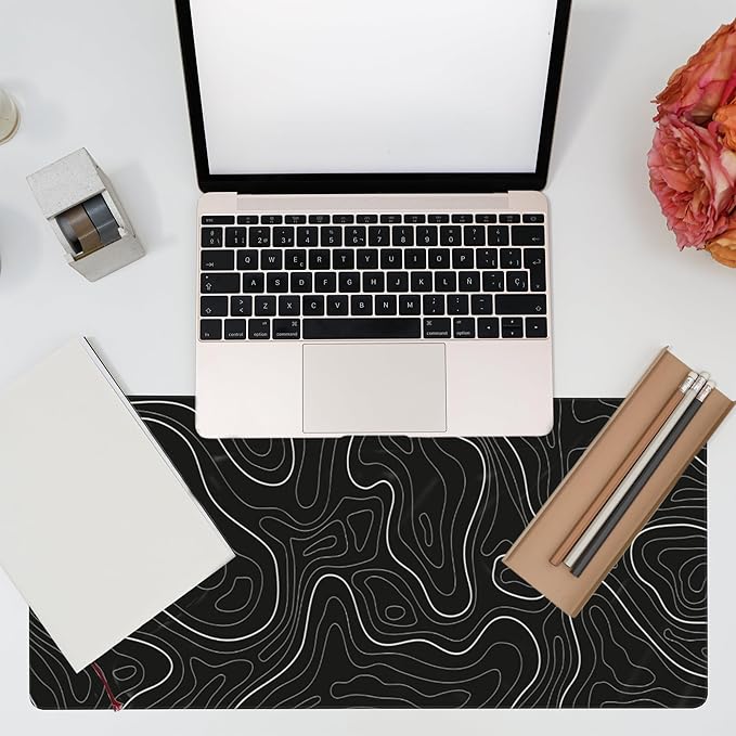 Eflxamz Desk Mat,Black Topographic Contour Map Desk Pad,Topographic Contour Large Gaming Mouse Pad for Desk,Extended Big Computer Keyboard Mouse Pad with Non-Slip Base and Stitched Edge,35.4"x15.7"