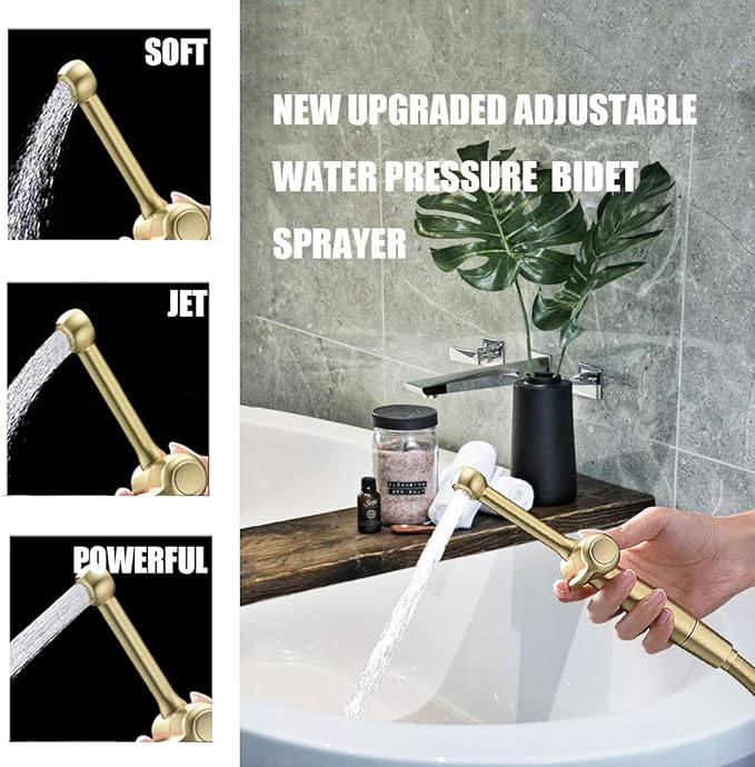 Handheld Bidet Toilet Sprayer, Brass Hand Held Bidet Attachment Cloth Diaper Toilet Sprayer with Backflow Preventer, Adjustable Water Jet Spray for Toilet with 7.9" Long Bidet Wand, Brushed Gold