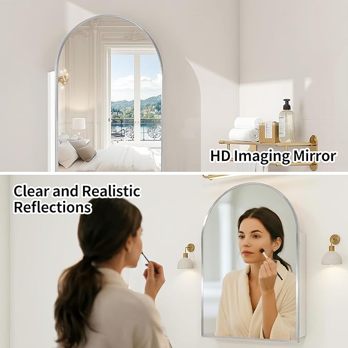 Arched Medicine Cabinet with Mirror,Silver Bathroom Mirrored Medicine Cabinet Organizer,Bath Vanity Mirror with Storage,Aluminum Wall Mount with Adjustable Shelves,20 x30 inch