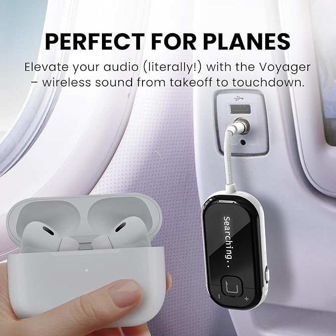 Avantree Voyager – OLED Display & Latest Auracast Bluetooth 5.4 Adapter for Airplane, Qualcomm Chip & aptX Adaptive, Wireless Audio Transmitter for Headphones, AirPods, Travel & Flight