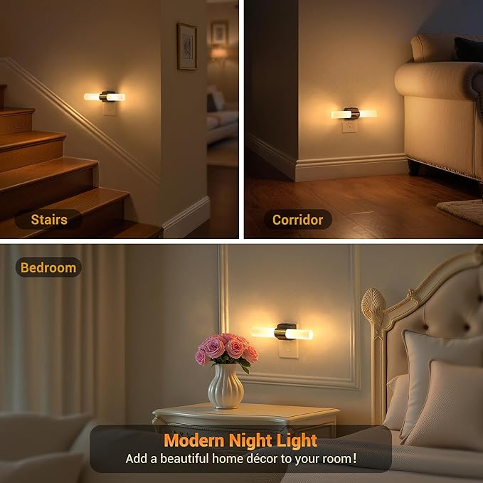 JandCase LED Night Light, 2 Pack Night Lights Plug into Wall, 3000K Soft White, 0-100LM Adjustable Brightness, 180° Rotating Plug in Night Light with Auto Light Sensor for Bedroom Bathroom Hallway
