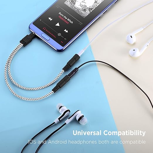 DUKABEL Headphone Splitter, Knitted 3.5mm Audio Splitter TRS 3-Pole Aux Splitter Cable for Headphones Earphones Speakers -Zebra White/2PACK