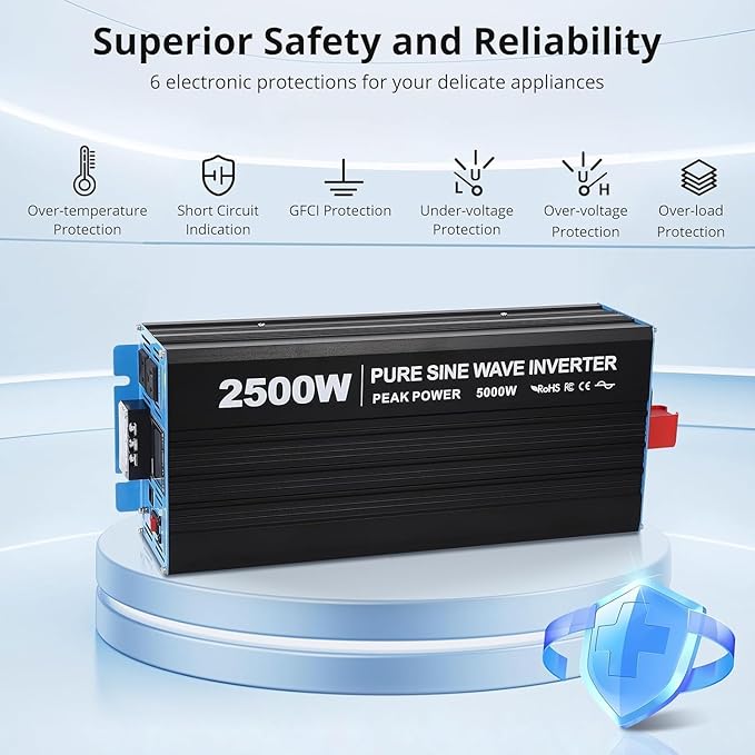 2500W Pure Sine Wave Inverter,1 USB Port 5v/3.4a,LCD Display&Remote Controller for Home, RV, Truck