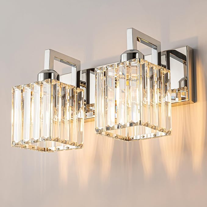 FDPBY Modern Bathroom Vanity Light 2-Lights Chrome Crystal Wall Lamp Bathroom Modern Crystal Vanity Lighting