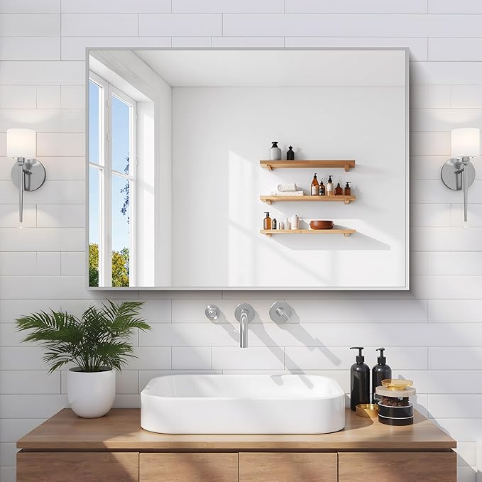 Silver Bathroom Mirror for Wall, 24x32 Inch Rectangle with Metal Frame, Modern Vanity for Bathroom Living Room, Entryway Hangs Horizontal or Vertical
