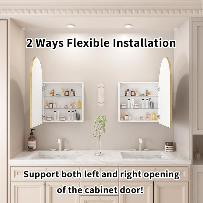 Gold Arched Medicine Cabinet with Mirror,20x32 Wall Mount Medicine Cabinet with Adjustable Glass Shelves,Surface Mount Only,No Recessed,Brushed Gold Medicine Cabinet with Mirror