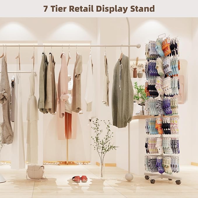 YEOOE Retail Display Racks 7 Tier Spinning Display Stand, Movable Shop Spinner Rack with Hooks, Retail Display Stand for Jewelry Keyring Hats Socks Toys (White)