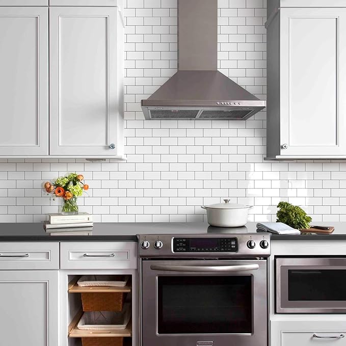 Vamos Tile Peel and Stick Backsplash Tile, 3''x6'' PVC Subway Tile, Stick on Backsplash for Kitchen/Bathroom/Fireplace,4-Piece Glossy Pure White with Dark Gray Grout