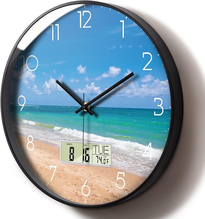 Modern Wall Clocks with Calendar and Date Ocean Wave Sea Beach Digital Clock Large Display Non-ticking Kitchen Silent Clock With Day and Temperature for Elderly Farmhouse Living Room Bathroom 12 Inch