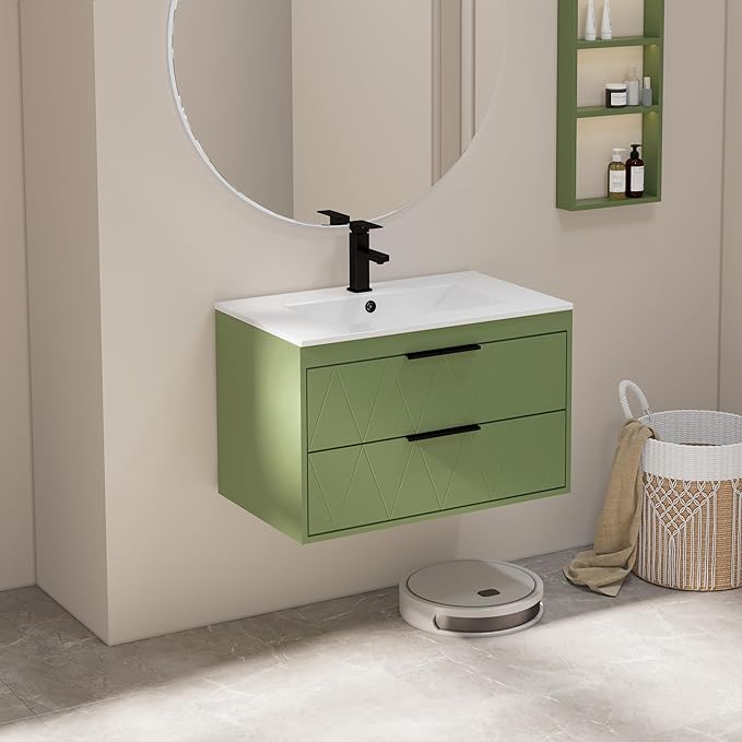 eclife 30" Bathroom Vanities Cabinet with Sink Combo, Wall Mounted Floating Cabinet W/Decor Line, Soft-Close System, 2 Extra Big Drawers, Matte Black Faucet, Matcha Green