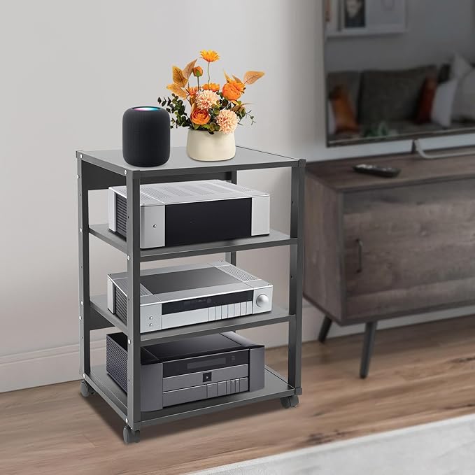 4-Tier AV Media Stand Rack, Black Rolling Stereo Audio Rack Stand with Wheels, Mobile & Space-Saving Design, Perfect for Speakers, DVD Players, Amplifiers (19.7 * 15.7 * 27.4in)