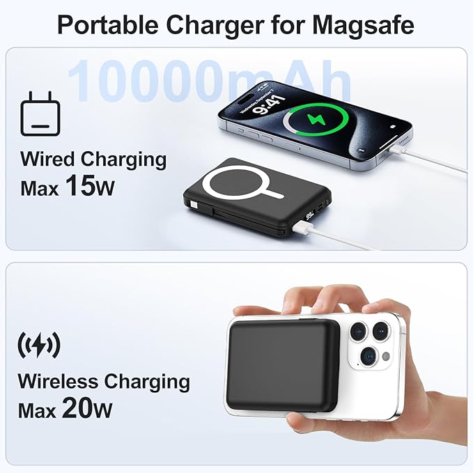 for Magsafe Portable Charger - 10000mAh Battery Pack for Magsafe with USB-C Cable and PD 20W USB C Fast Charging LED Display, Magnetic Wireless Power Bank for iPhone 17/16/15/14/13/12/Pro/Pro Max
