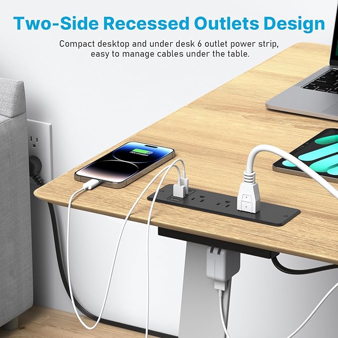 CCCEI 6 Outlets Dual Side Recessed Power Strip with USB C Ports, Furniture Flush Mount, Under Desk, Desk Top Multiple Outlets, Hidden Charging Station for Conference Table, Nightstand, Black. 10FT.