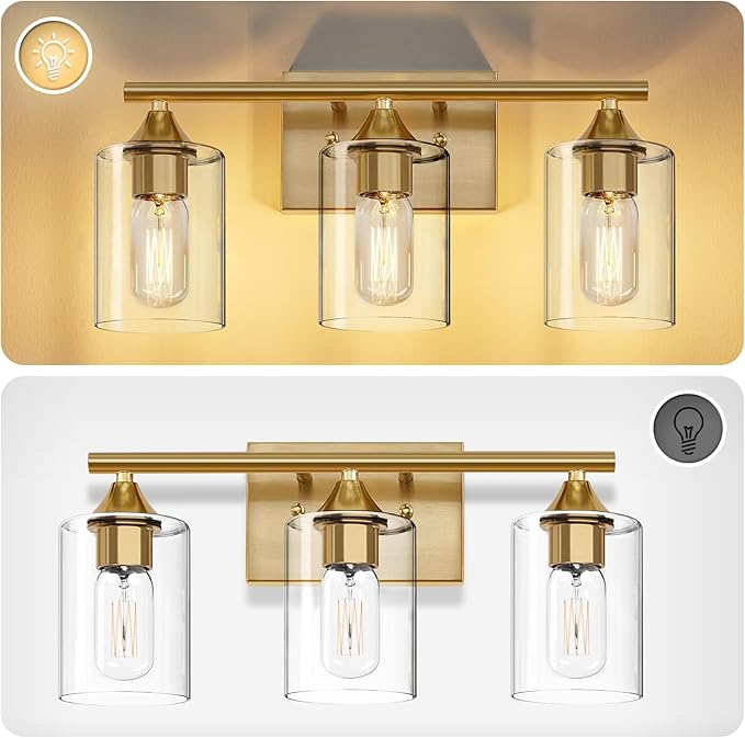 XPEHK Gold Bathroom Light Fixtures,3-Light Vanity Lights,Modern Brushed Brass Gold Wall Sconce Lighting,Bathroom Wall Lamp for Mirror Bedroom Living Room Vanity Table Hallway