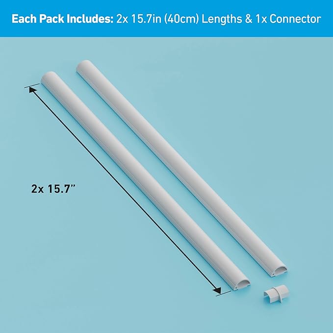 D-Line 31.4in TV Cord Hider, Patented Half Round Cable Cover, Hide Wall Mount TV Wires, Hinged One-Piece Cable Concealer, Adhesive, Decorative Raceway - 2X 0.78in W x 0.39in H x 15.7in L - White