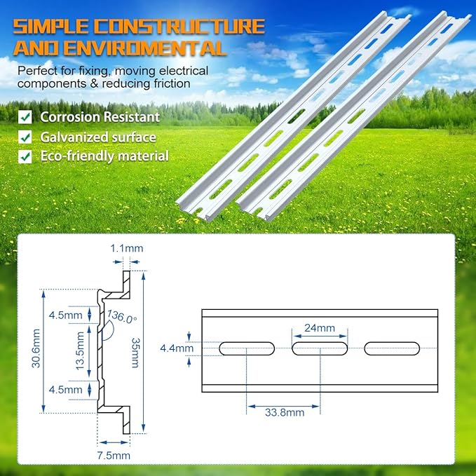 VAMRONE 6 Piece Aluminum DIN Rails, 4 Inches Long, 35mm Wide, 7.5mm High, Top Hat Slotted DIN Rail with RoHS, Extra Premium Screws Included for Hardware Components Mounting