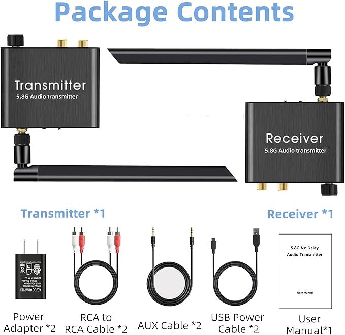 YEUGICEO 5.8GHz Wireless RCA AUX Audio Transmitter Receiver for TV Pojector,164Ft,9ms Latency, Volume Contral Knob, Used for TV Pojector to Activer Speaker Soundbar AMP
