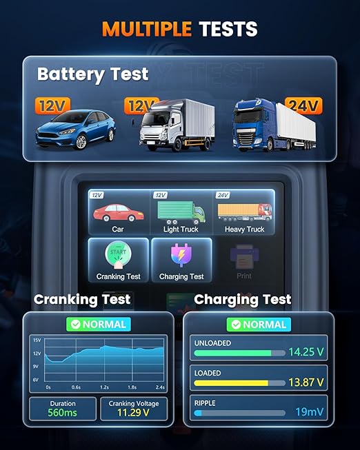 ANCEL BA101 Pro Car Battery Tester 24V 12V with Color Display, 100-2000CCA Cranking & Charging System Automotive Battery Load Analyzer for Car, Truck, SUV, RV, Boat, Heavy Duty Vehicles