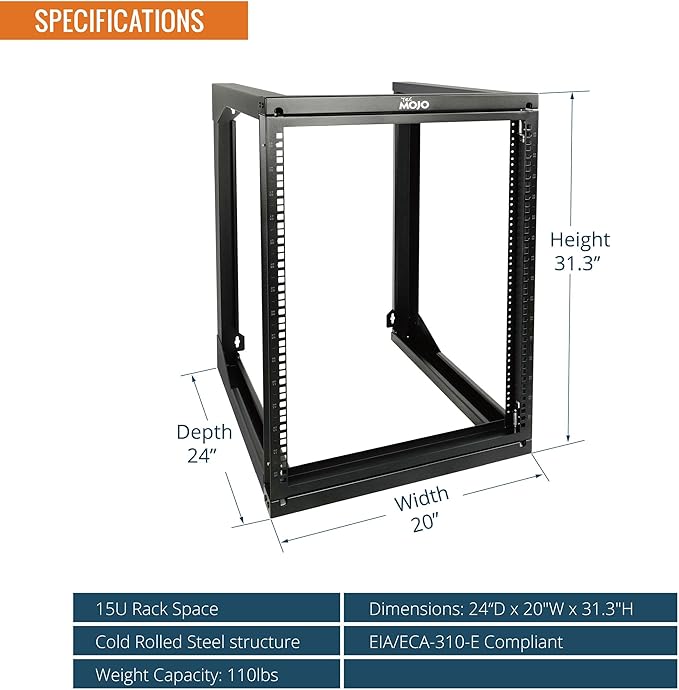 Tecmojo 15U Wall Mount Server Rack, Open Frame Network Rack for 19" Computer/AV/Data/IT/Media Equipment, 24" Depth, 16" Apart Mounting Holes, Swing Gate, Square and Tapped Holes